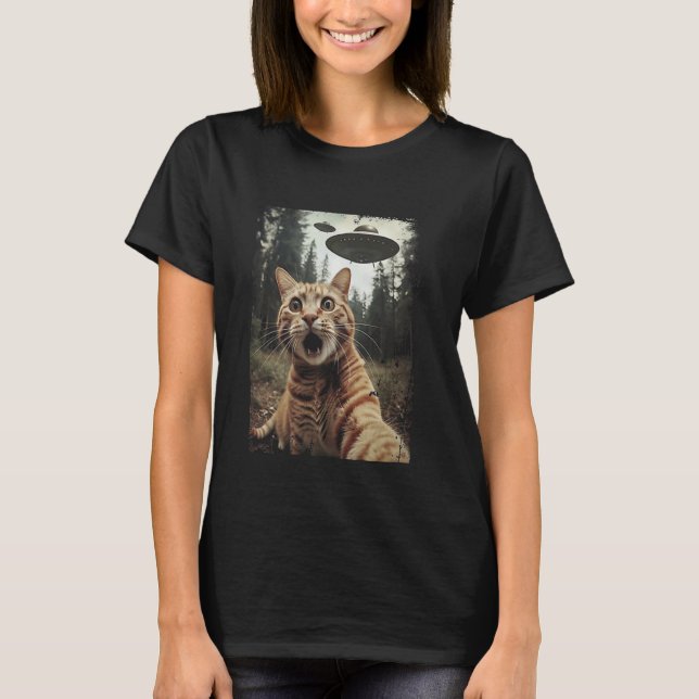 Camiseta Selfie de Gato com OVNI Alien Presentes Divertidos (Frente)