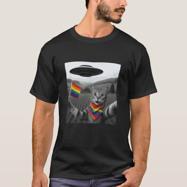 Camiseta Selfie de Gato com UFO Alien Funny Cat Presentes L (Frente)