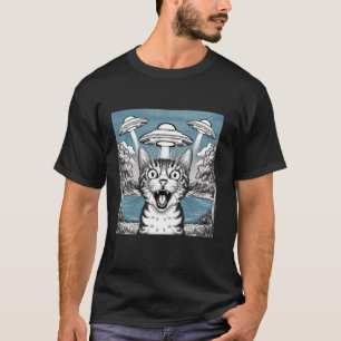 Camiseta Selfie de Gato com UFO Alien Presentes Engraçados 