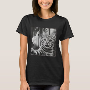 Camiseta Selfie de Gato de Halloween com Fantasma Assustado