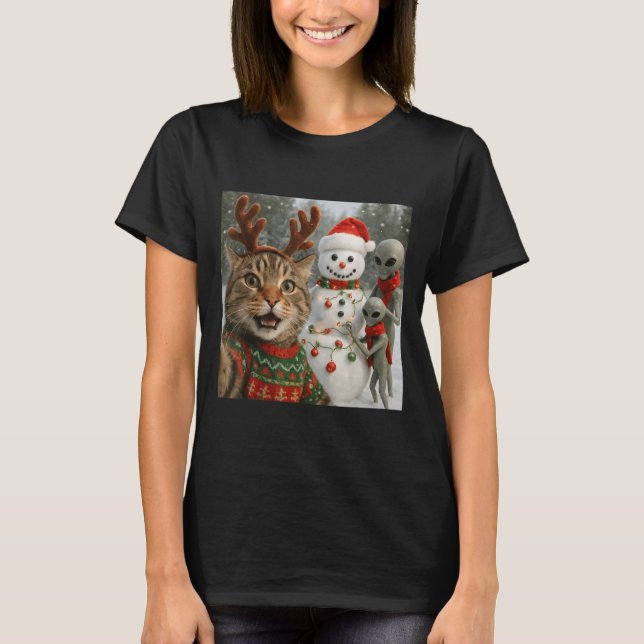 Camiseta Selfie De Gato De Natal Engraçado Com Alienígena D (Frente)