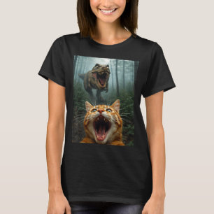 Camiseta Selfie de Gato Laranja com T-Rex Dinossauro Homens