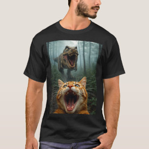Camiseta Selfie de Gato Laranja com T-Rex Dinossauro Homens