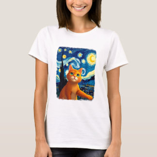 Camiseta Selfie de Gato Laranja Noite Estrelada Mãe de Gat