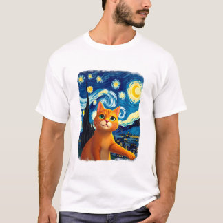 Camiseta Selfie de Gato Laranja Noite Estrelada Mãe de Gat