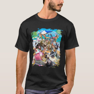 Camiseta Selfie de Grupo na Praia Preguiça Pug Gato Galinha