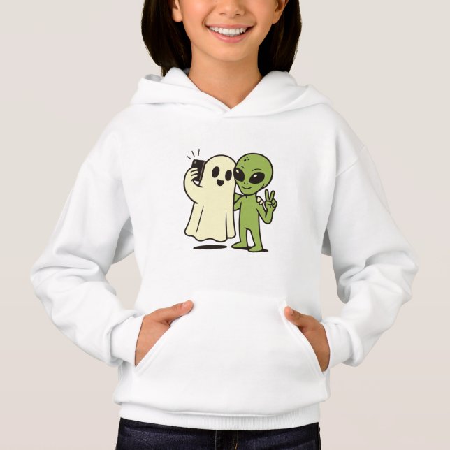 Camiseta Selfie de Halloween de Alien e Fantasma Engraçado (Frente)