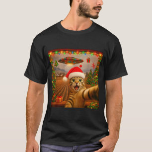 Camiseta Selfie Engraçada de Gato Com Luzes de Natal de Ufo