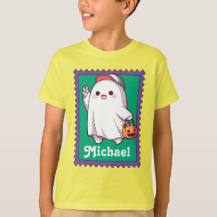 Camiseta Selo de Nome de Crianças do Fantasma do Halloween