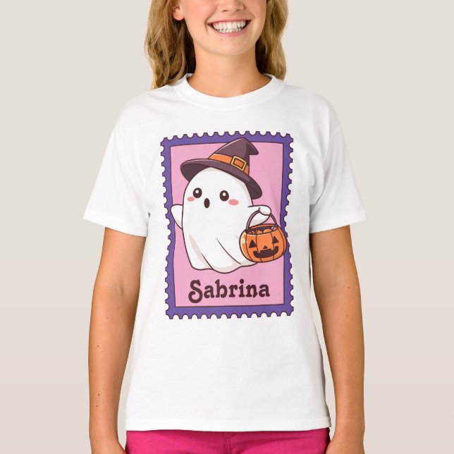 Camiseta Selo de Nome Personalizado de Fantasma de Hallowee (Frente)