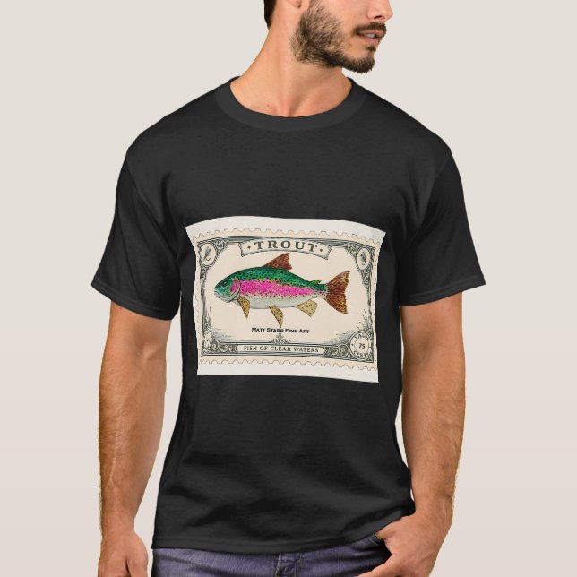 Camiseta Selo de pesca de truta com truta arco-íris (Frente)