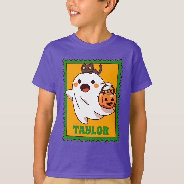 Camiseta Selo de texto personalizado para Halloween com fan (Frente)