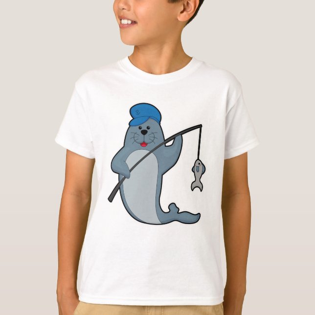 Camiseta Selo na pesca com vara de pesca e peixe (Frente)