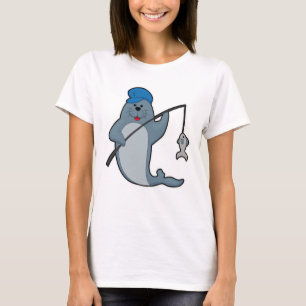 Camiseta Selo na pesca com vara de pesca e peixe