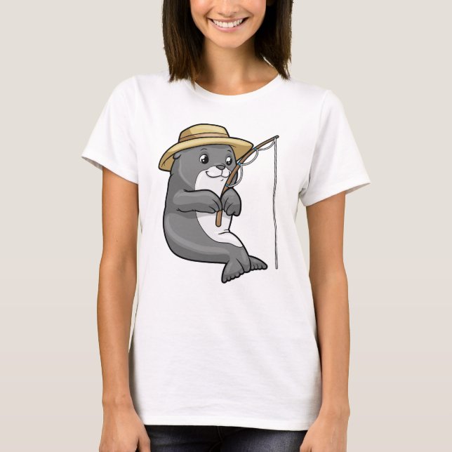 Camiseta Selo na pesca com vareta de pesca e chapéu (Frente)
