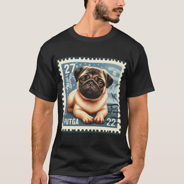 Camiseta selo postal do cão Pug (Frente)