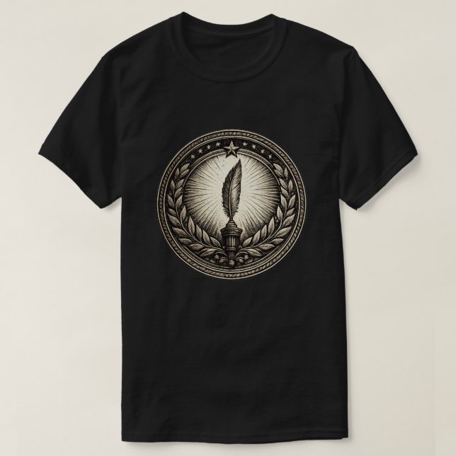 Camiseta Selo Quill & Laurel – Emblema da Liberdade (Frente do Design)