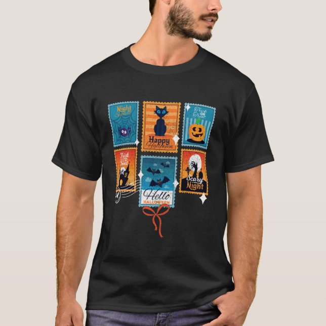 Camiseta Selos Postais de Halloween Retrô Rosto Fantasmagór (Frente)