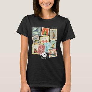Camiseta Selos Postais de Viagem Vintage Férias Filatélico