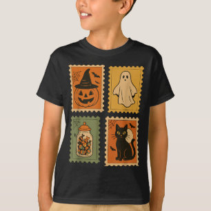 Camiseta Selos Retro de Halloween Abóbora Fantasma Gato Pre
