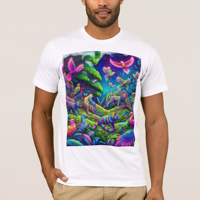 Camiseta Selva Psicodélica - Animais Vibrantes e Aves (Frente)