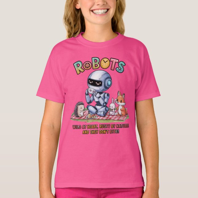 Camiseta 🤖 selvagem no piquenique de cartoon robô cardíaco (Frente)