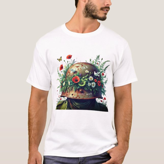 Camiseta Sem Mais Guerra: Capacete da Paz com Design Floral (Frente)
