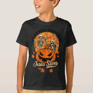 Camiseta Sem Ossos Sobre Isso Jesus Salva Halloween Cristão