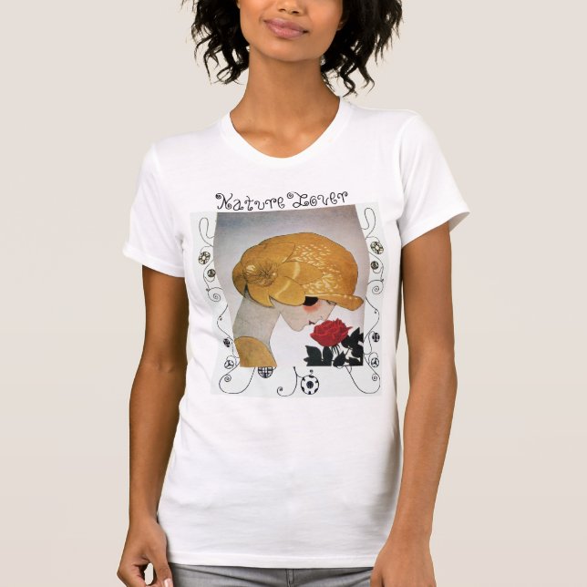 CAMISETA SENHORA COM ROSA VERMELHA, ONDULAÇÕES GEOMÉTRICAS  (Frente)