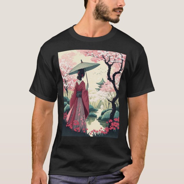 Camiseta Senhora Japonesa com Pagode de Guarda-chuva Flor d (Frente)