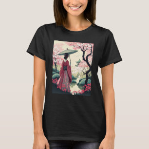 Camiseta Senhora Japonesa com Pagode de Guarda-chuva Flor d