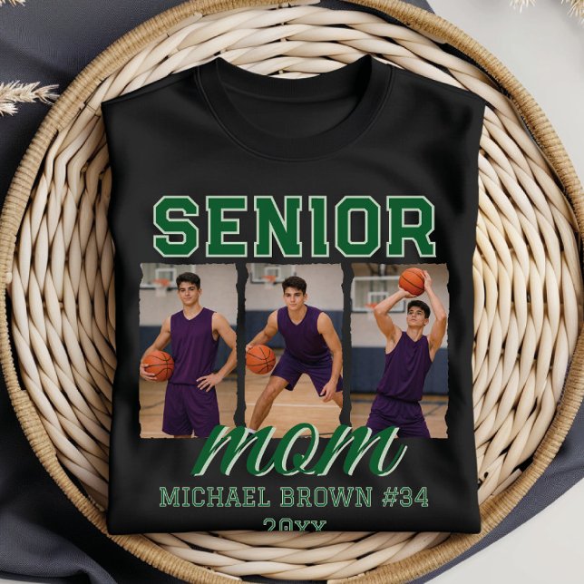 Camiseta Senior Mom Basketball Photo Collage Custom Name (Criador carregado)