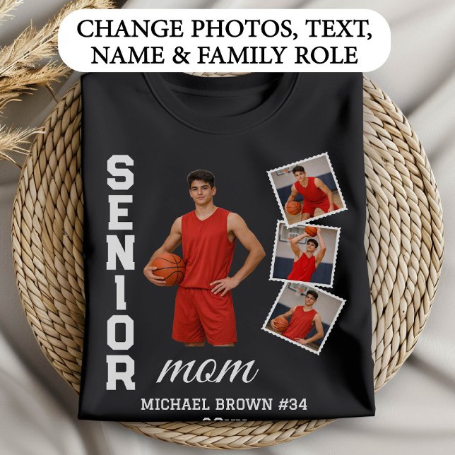 Camiseta Senior Mom Basketball Photo Collage Custom Name (Criador carregado)
