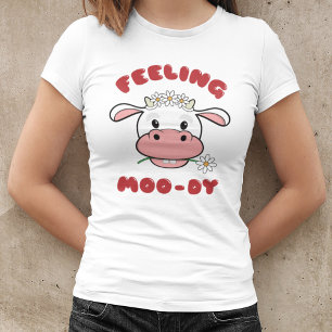 Camiseta Sensação de Moo-dy   Cute Cartoon Cow Cote T Shirt