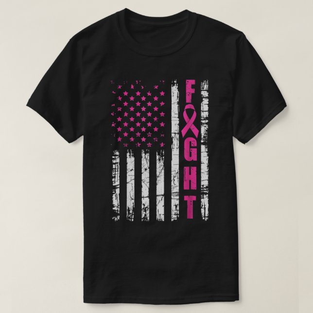 Camiseta Sensibilização do Cancer Americano Bandeira Lutar  (Frente do Design)