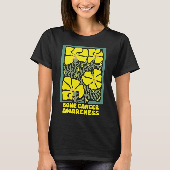 Camiseta Sensibilização do Cancer Ósseo Flor Amarelo Boho (Frente)