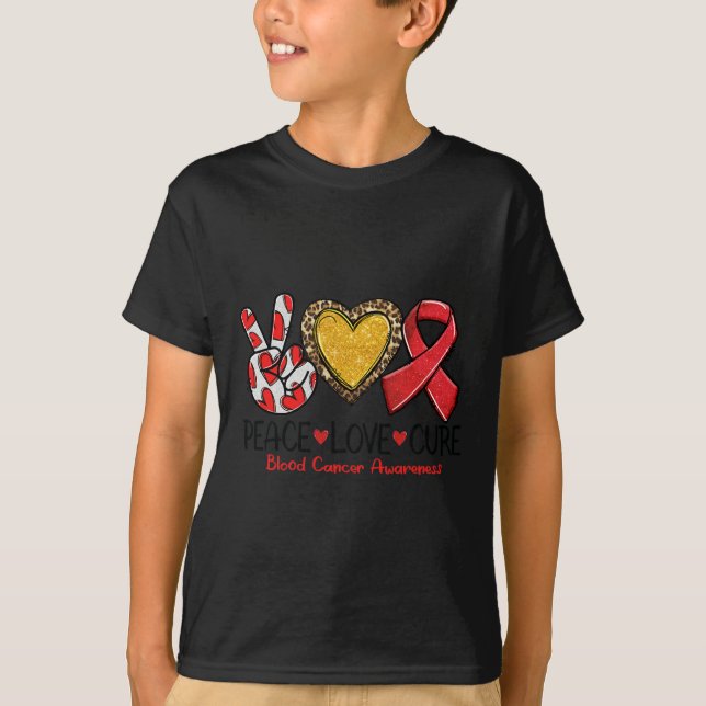 Camiseta Sensibilização para o Cancer Sanguíneo Paz Amor Cu (Frente)