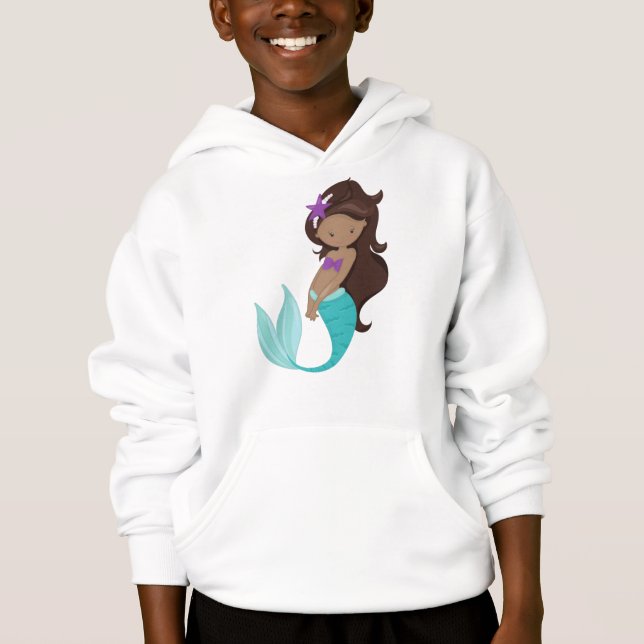 Camiseta Sereia Afro-Americana, Cabelo Marrom, Peixe-Estrel (Frente)