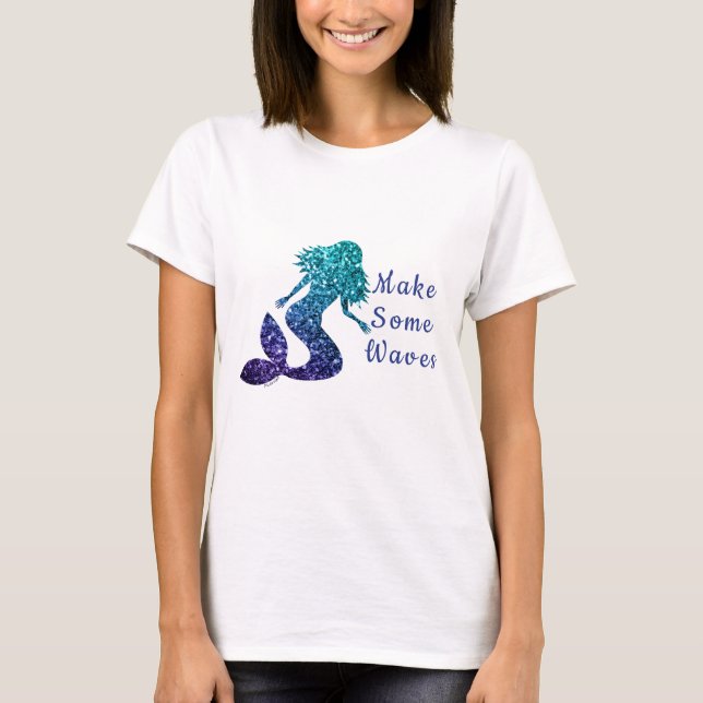 Camiseta Sereia aqua Blue ombre Sparkles faz ondas (Frente)