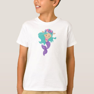 Camiseta Sereia Bonita, Pequena Sereia, Cabelo Azul, Flores