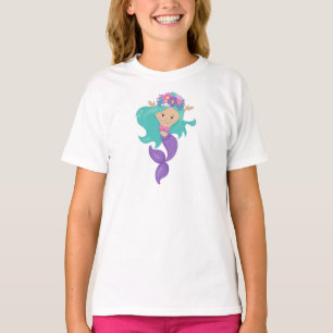 Camiseta Sereia Bonita, Pequena Sereia, Cabelo Azul, Flores