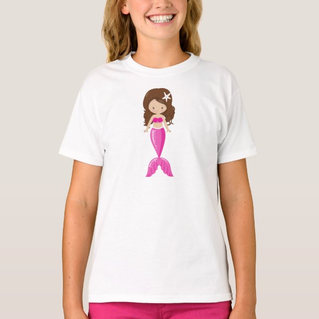 Camiseta Sereia Bonita, Pequena Sereia, Cabelo Marrom, Caud (Frente)