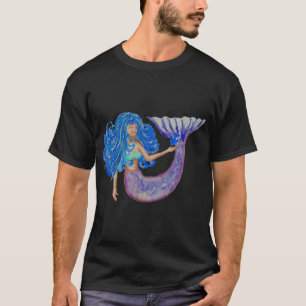 Camiseta Sereia de Cabelo Azul Pintura em Aquarela