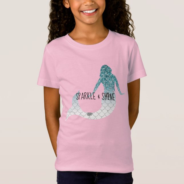 Camiseta Sereia de Glitter de Prata Teal (Frente)