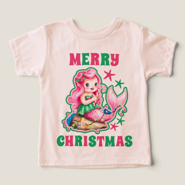 Camiseta Sereia de Natal Rosa (Design frontal)