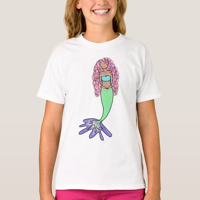 Camiseta sereia-do-arco-íris azul-roxo, cor-de-rosa, verde- (Frente)