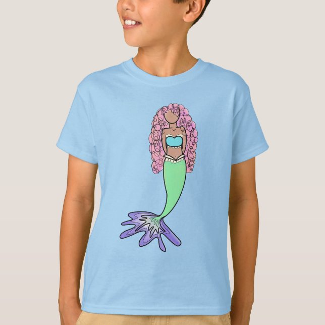 Camiseta sereia-do-arco-íris azul-roxo, cor-de-rosa, verde- (Frente)