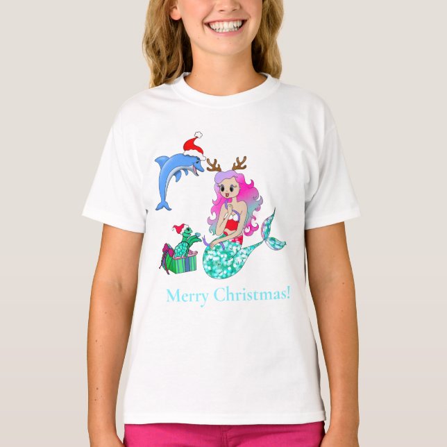 Camiseta Sereia do Natal Abrindo Presentes (Frente)