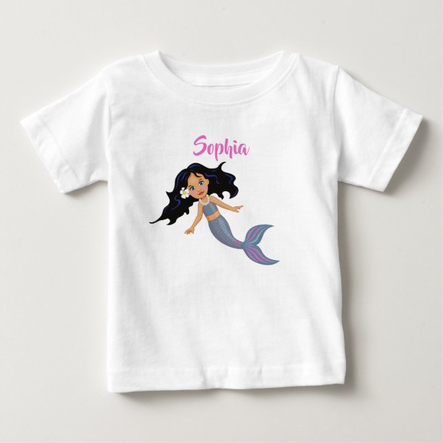 Camiseta Sereia Fofo Cabelo Escuro Rosa Menina Nome Pessoal (Frente)