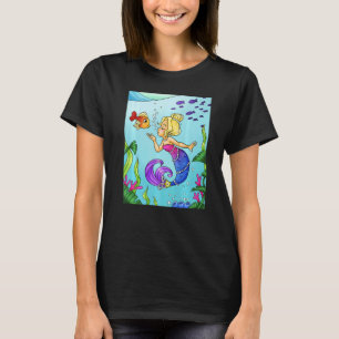 Camiseta Sereia Loira Debaixo D'água Com Peixes Dourados Na